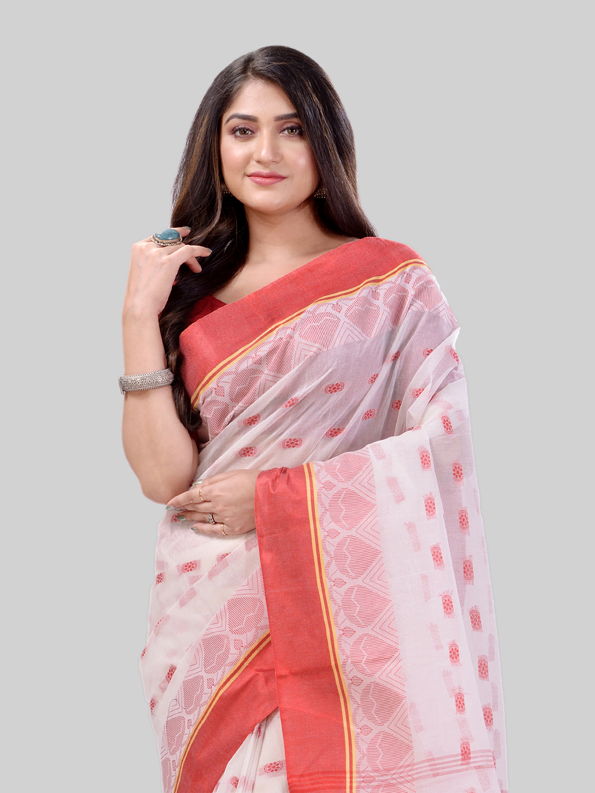 DESH BIDESH Women`s Traditional Tant Pure Cotton Handloom Saree LalKamal Design Without Blouse Piece (Red White)